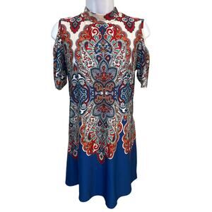 Melissa Paige dress size medium multicolored with blue bottom . Open shoulder